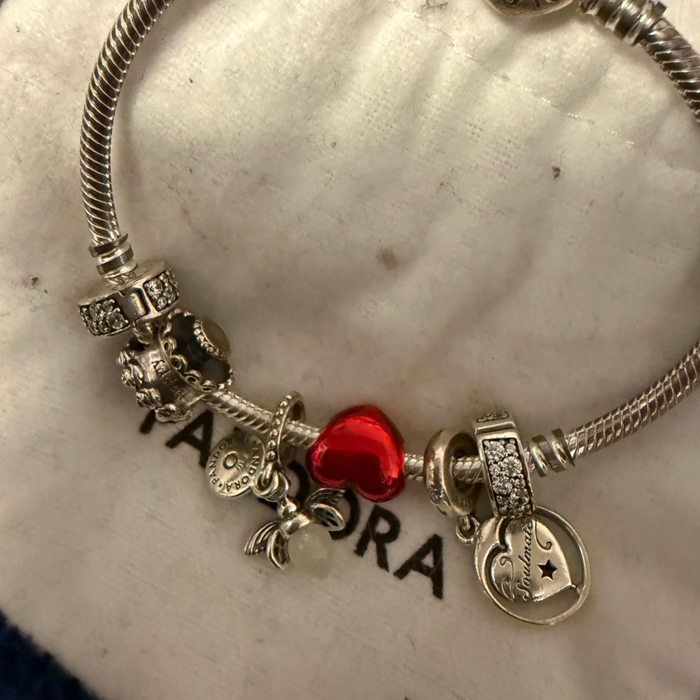 Pandora Silver Charm Bracelet with Red Heart